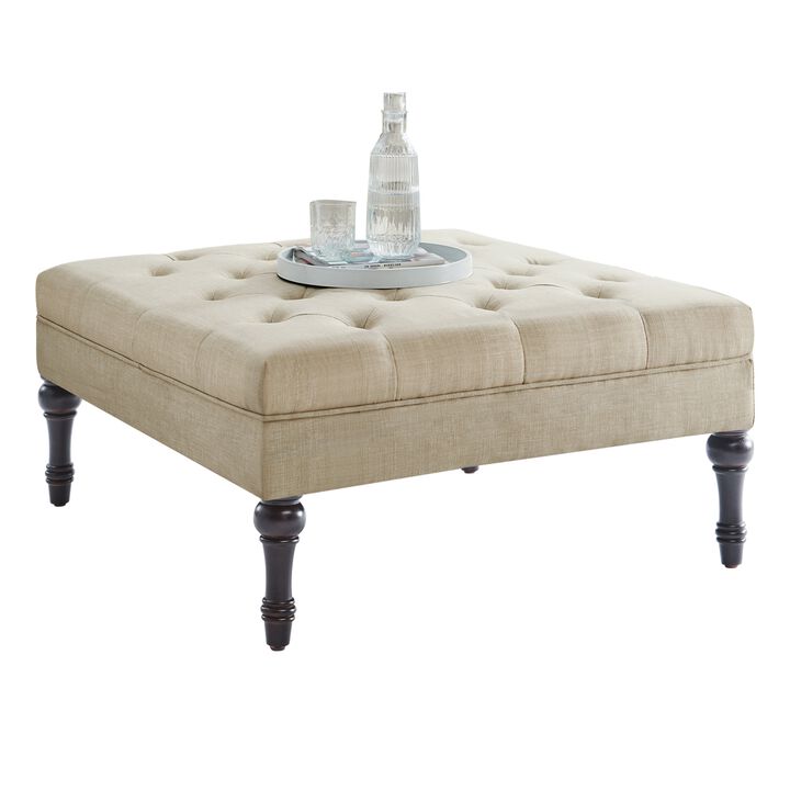 Classic Button-Tufted Linen Ottoman with Wooden Legs, Multi-Functional Footrest