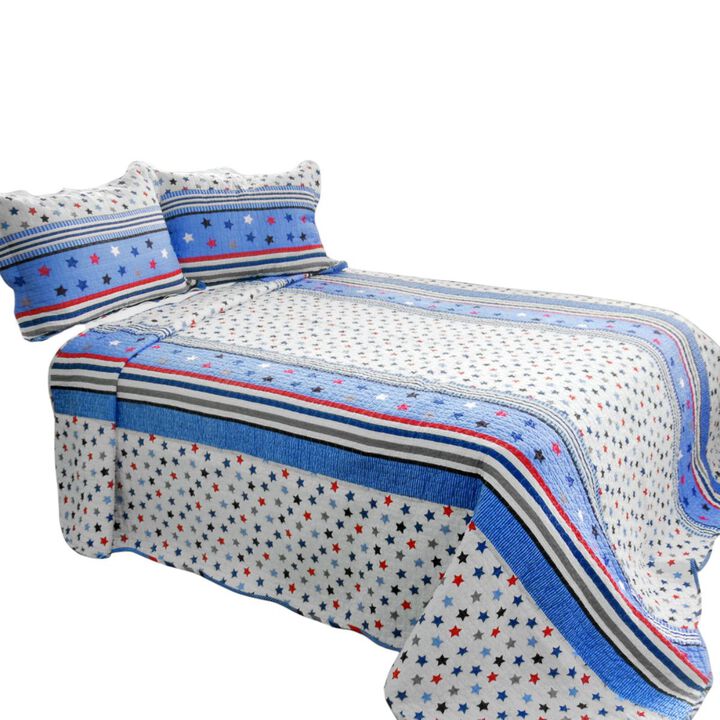 Queen Size 3-Piece Cotton Vermicelli Quilted Printed Quilt Set with Matching Pillow Shams