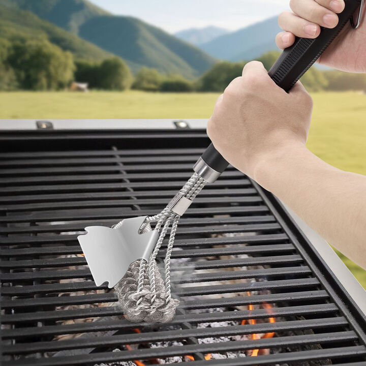 Stainless Steel Grill Brush and Scraper for Outdoor BBQ Grate Cleaning Accessories