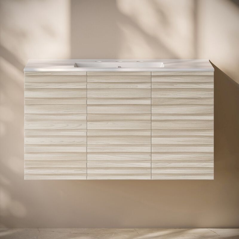 36" Wall-Mounted Bathroom Vanity in White Oak with 3-Hole Widespread Sink Top image number 5