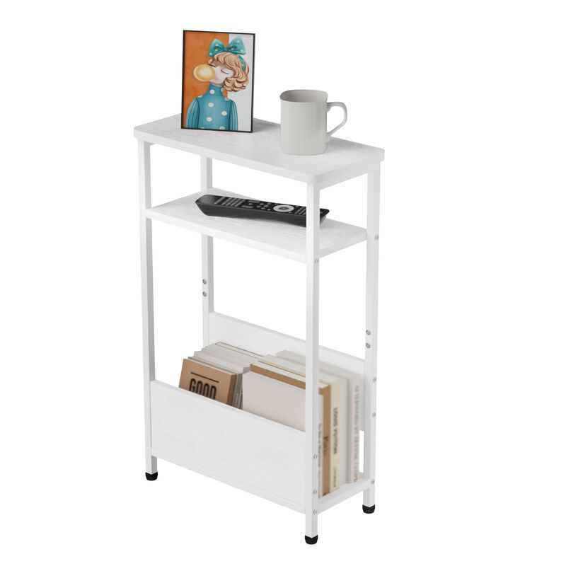THUMEYE 7.1"" Narrow Side Table for Small Spaces, 3 Tier Small End Table with Magazine Holder, Slim/Skinny Nightstand/Bedside Ta