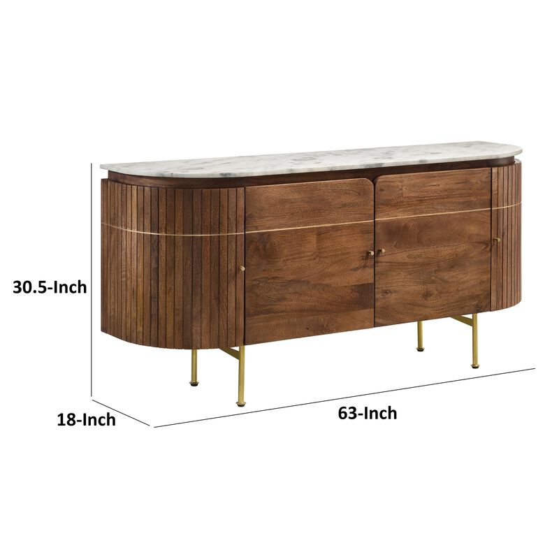 Evi 63 Inch Dining Sideboard Server, White Curved Marble Top, Brown, Brass image number 4
