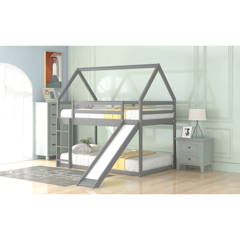 Twin Size Bunk House Bed with Slide and Ladder image number 3