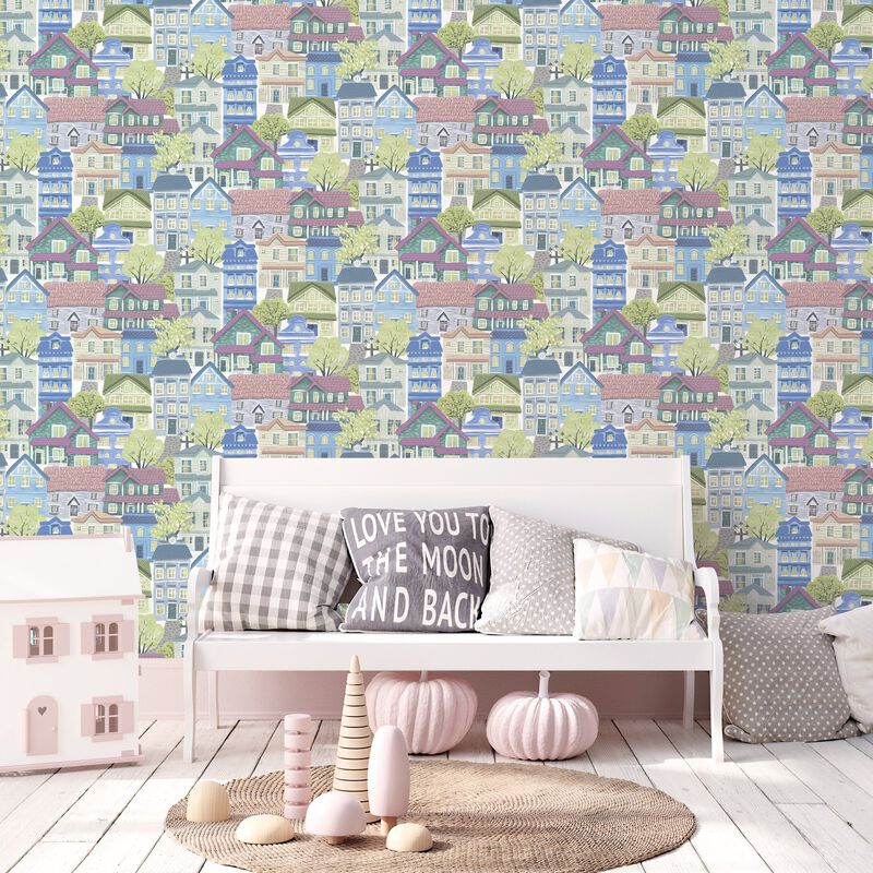 Kids and Teens Whimsical Houses Blue Wallpaper G78601 image number 2