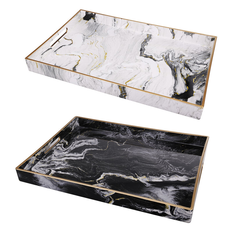 19, 18 Inch Set of 2 Modern Decorative Trays with Rims, Black and White image number 0