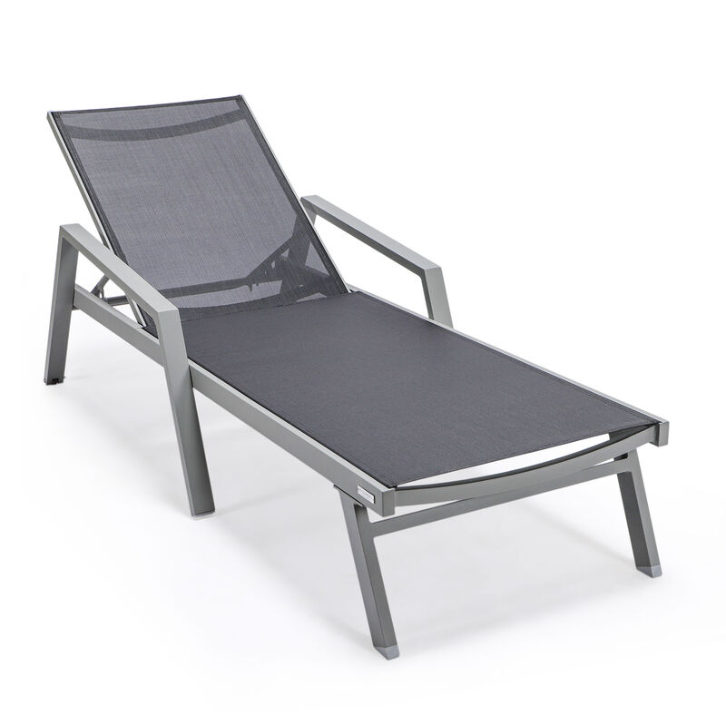 LeisureMod Marlin Patio Chaise Lounge Chair With Armrests in Grey Aluminum Frame - Black image number 1
