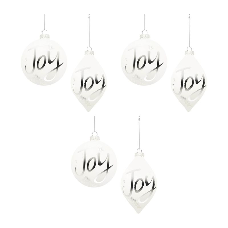 Frosted Joy Glass Ornament Set of 6 for Festive Tree, Garland, or Mantel Styling