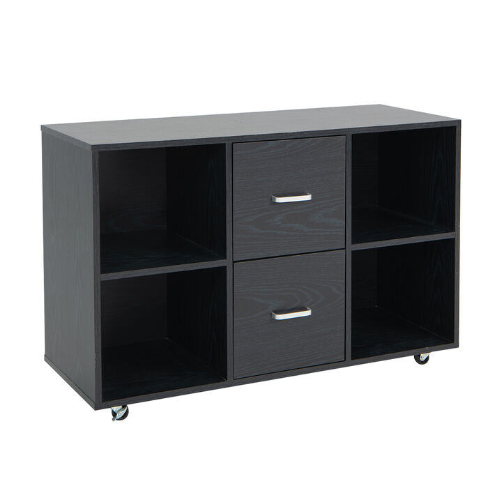 2 Drawer Wood Mobile File Cabinet with 4 Open Compartments-Black