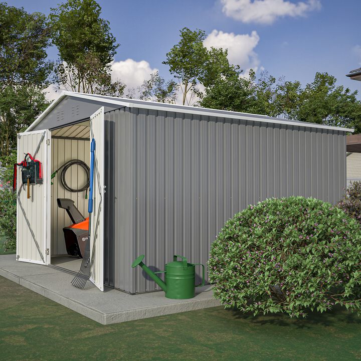 10 x 10 FT Galvanized Steel Storage Shed, Lockable Tool Shed for Backyard Patio Lawn, Grey