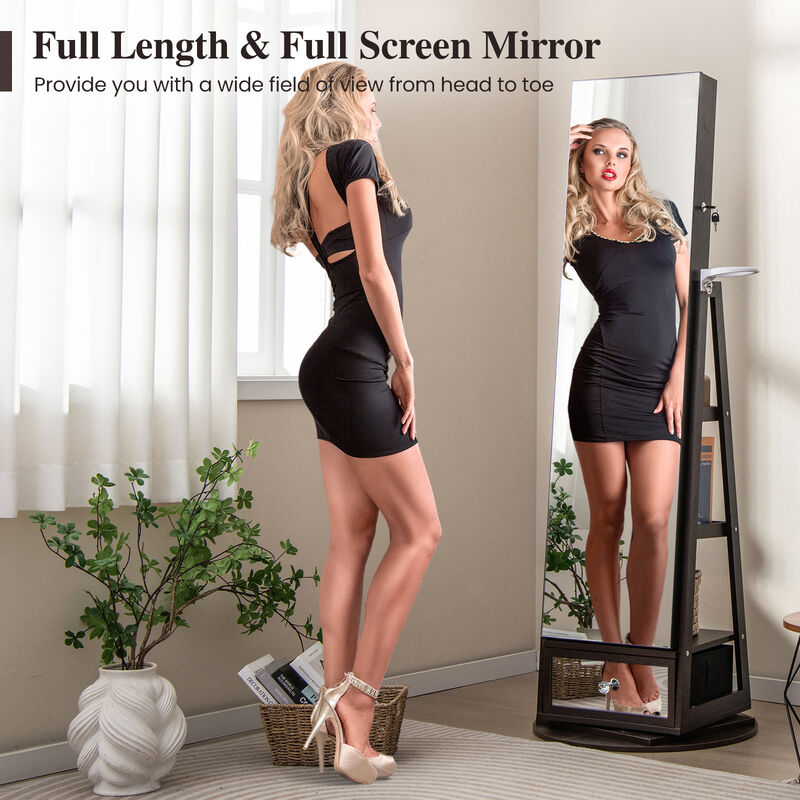 Lockable 360&deg; Swivel Jewelry Cabinet with Full-Length Mirror LED Lights