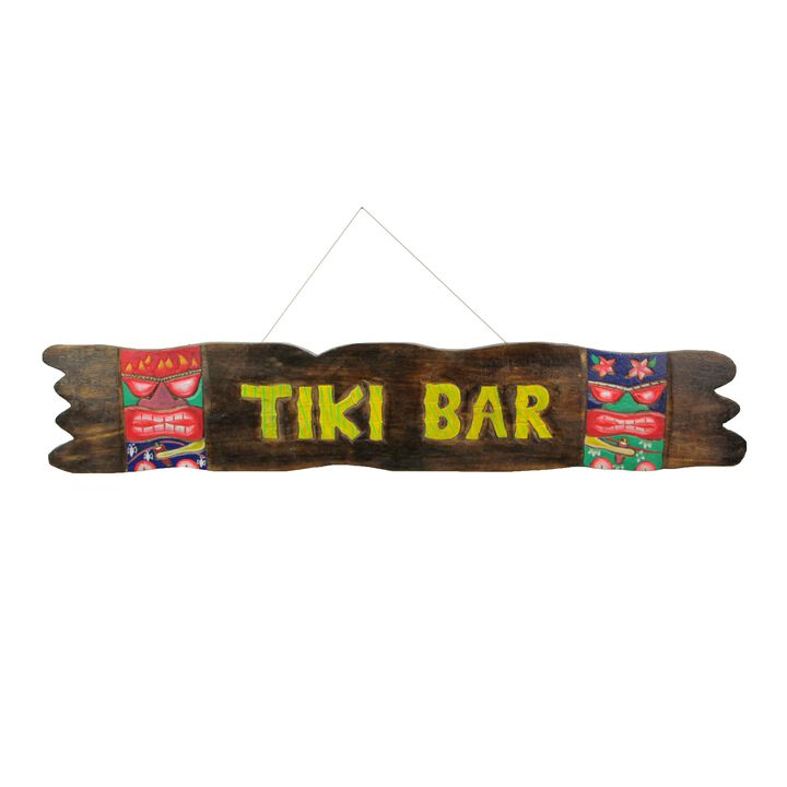 39-Inch Hand-Carved Wooden Tiki Sign With Rope Hanger, Beachy Decor