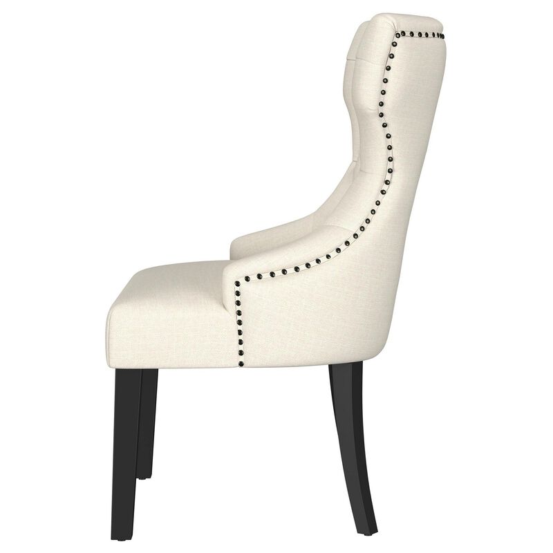 Aney Dining Side Chair, Curved Barrel Design, Beige Fabric, Black Wood - Benzara