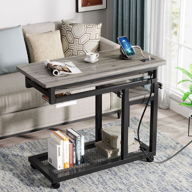 Portable C Table, Mobile Desk Side Table with Power Outlet image number 1