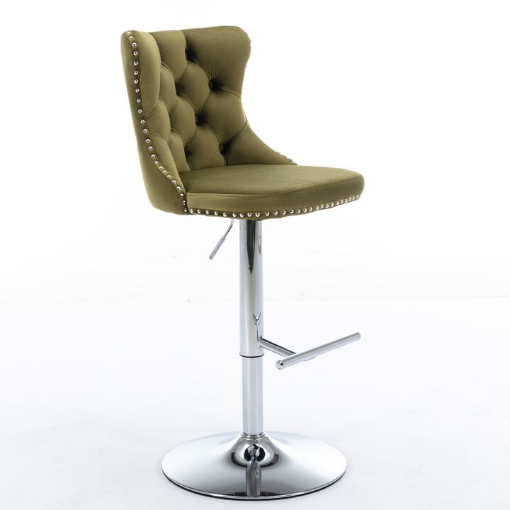 Streamdale Swivel Velvet Barstools, Adjustable Height, Set of 2, Olive Green
