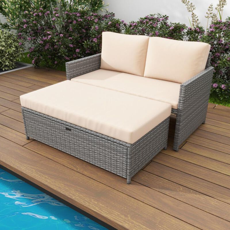 Hivvago Outdoor Rattan Daybed Wicker Loveseat and 31 Gallon Storage Ottoman