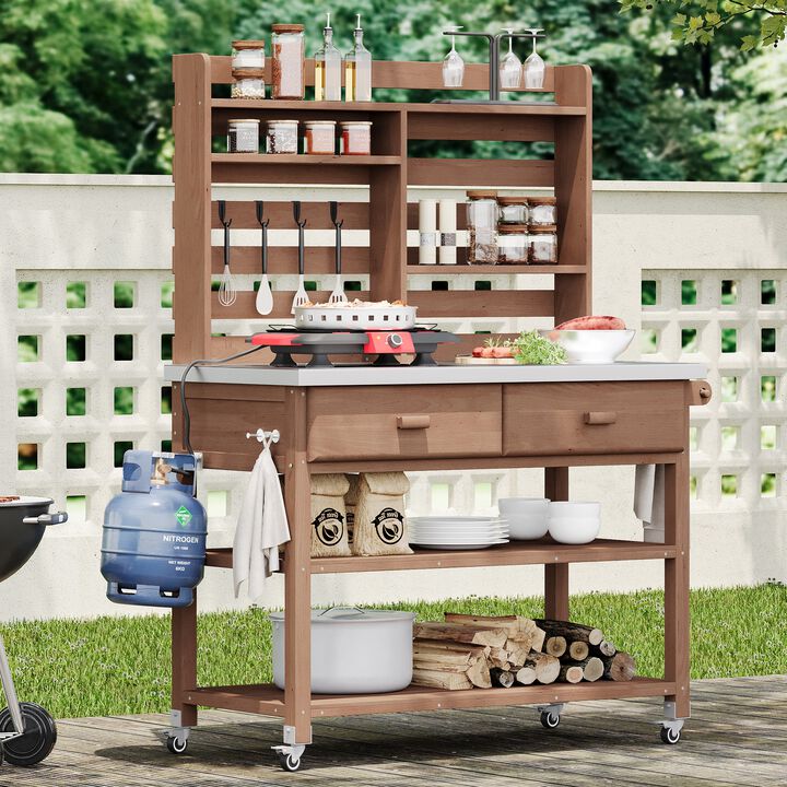 Whisen Outdoor Potting Table with Stainless Steel Top, Upper Hutch, and Lockable Wheels