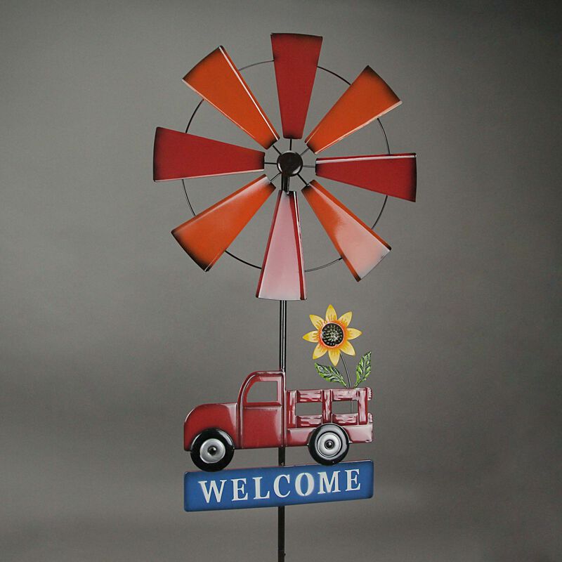 Farmhouse Style Red Farm Truck Windmill Spinner Welcome Garden Stake 72 Inches image number 1