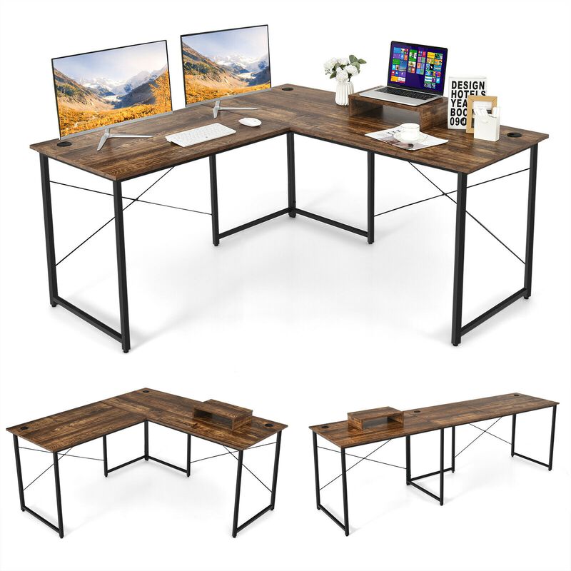 L-Shaped 2-Person Desk with Monitor Riser –  Reversible Computer Workstation