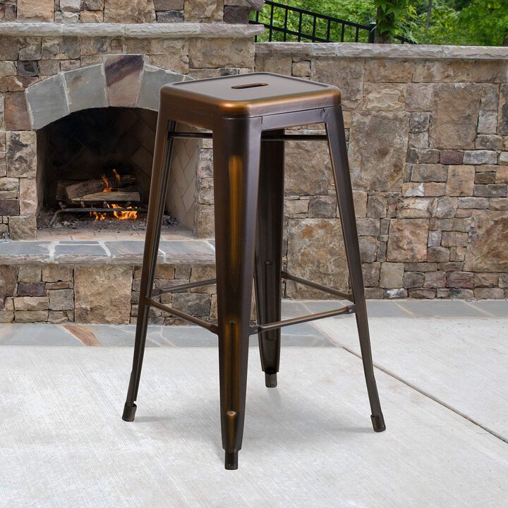 Flash Furniture Kai Commercial Grade 30" High Backless Distressed Copper Metal Indoor-Outdoor Barstool