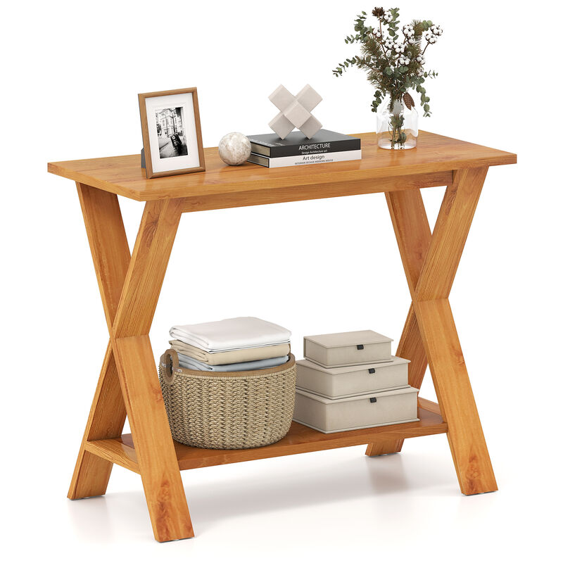 Solid Teak Wood Console Table with Lower Storage Shelf for Entryway or Living Room