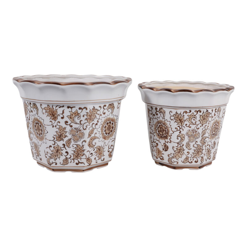 S/2 10/12" Flower Chinoiserie Planters,brown image number 2