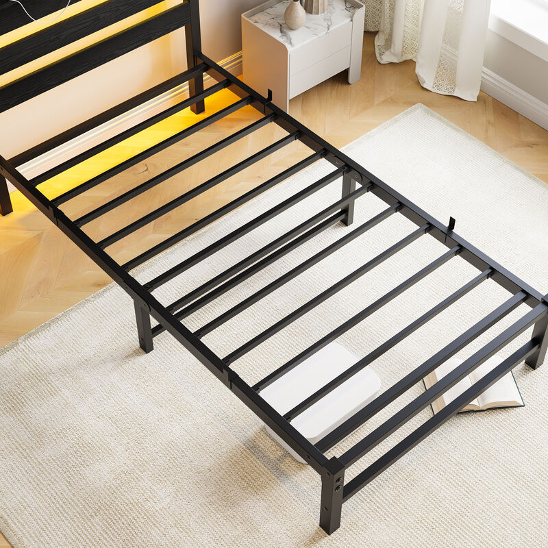Platform Bed Frame with LED Lights & USB Charging Station, Rustic Wood Headboard, No Box Spring Needed image number 7