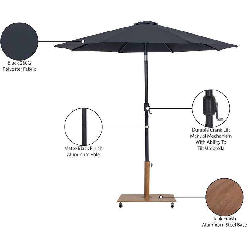 Meridian Furniture Fiji Black Fabric / Teak Aluminum Patio Umbrella with Base Sets