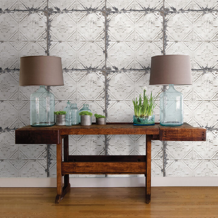 Gallery Off White Vintage Tin Tile Peel & Stick Wallpaper (Set of 2)