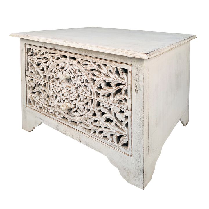 Olta 24 Inch Handcrafted Mango Wood Nightstand Side Table, 2 Drawers, Floral Carved Cut Out Design, Antique White-Benzara