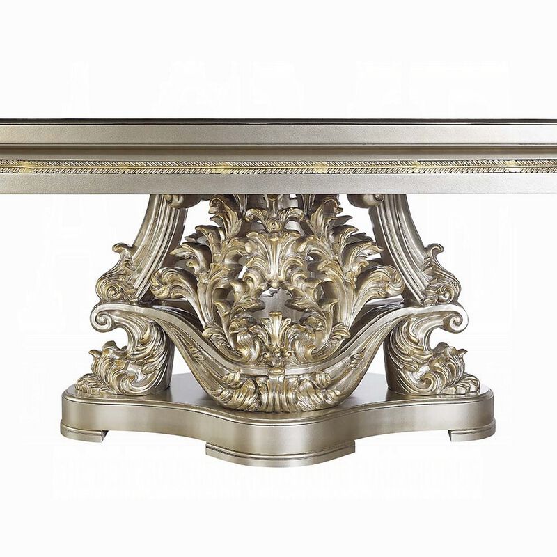 Mas Dining Table, Classical Carved Design, Champagne Gold, 110 Inch
