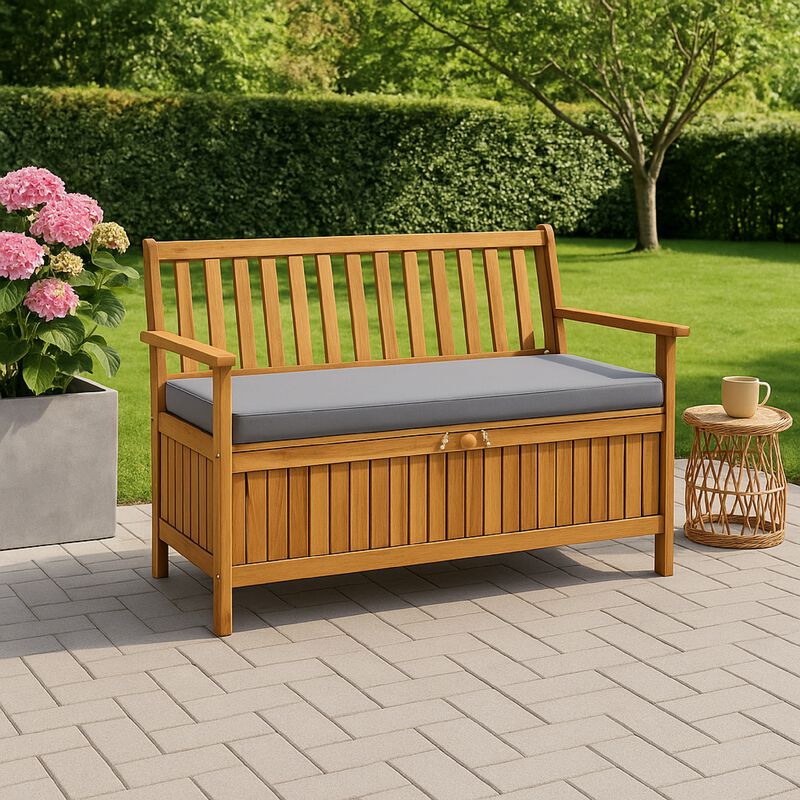 Outdoor Storage Bench, Brown Solid Acacia Wood, Gray Fabric, 47 Inch - Benzara