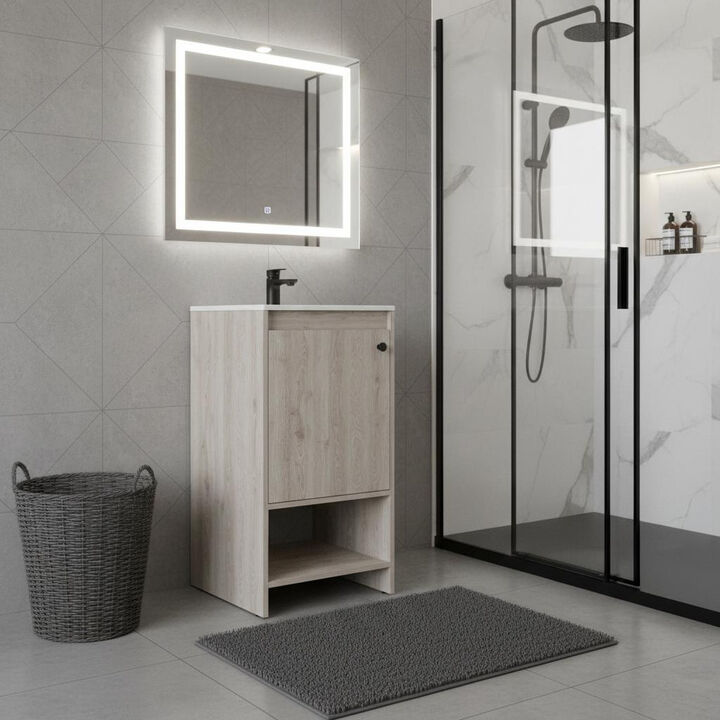 HomeRoots 18" Light Gray Wood Freestanding Single Door Bathroom Vanity With White Sink