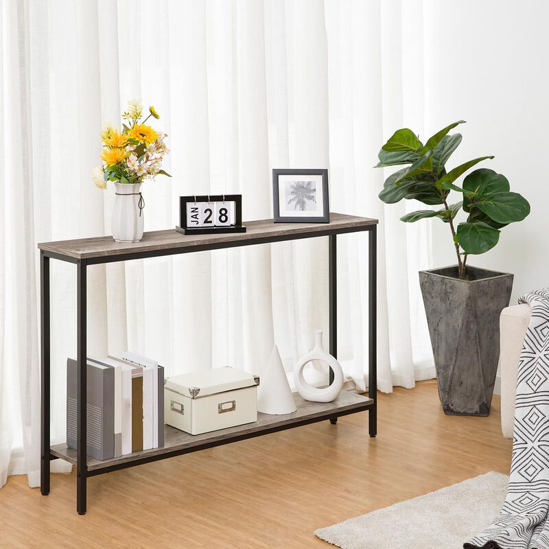 Entryway Console Table Narrow with Storage Shelf, Slim Hallway Sofa Table-Greige image number 3