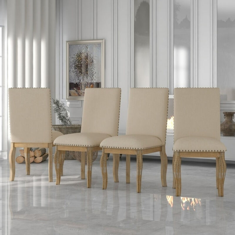 Set of 4 Dining chairs Wood Upholstered Fabirc Dining Room Chairs with Nailhead
