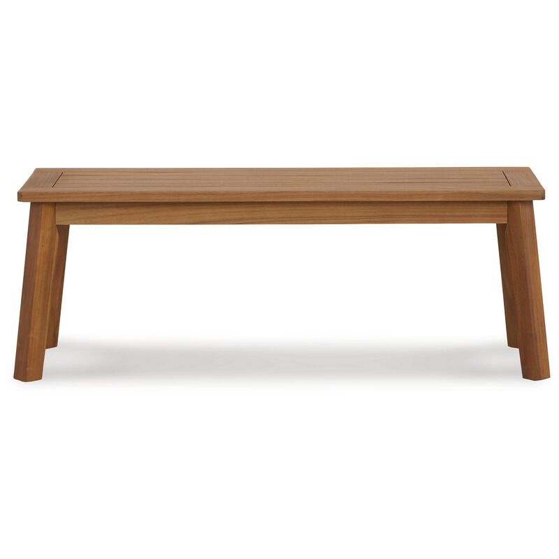 47 Inch Rectangular Bench, Natural Acacia Wood, Slatted Seat, Angled Legs - Benzara