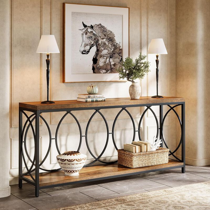 2-Tier Entryway Console Table, Long Sofa Table with Storage Shelf-Brown image number 4