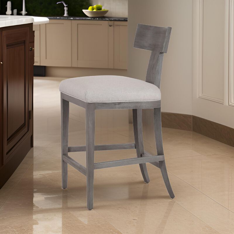 Cid Sten 27 Inch Counter Height Chair, T Shape Back, Soft Beige Linen, Gray - Benzara