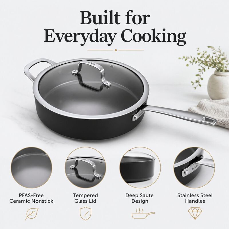 Alva Maestro Nonstick Ceramic Saute Pan with Glass Lid 4Qt. - Easy to Clean, Oven Safe and Made without PFAS, PFOA & PTFE - Induction and All Stovetop Compatible with Even Heat Distribution image number 6