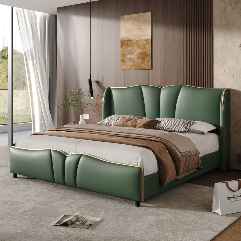 Merax Modern Wingback Platform Bed with Wave-Shaped Headboard & Footboard