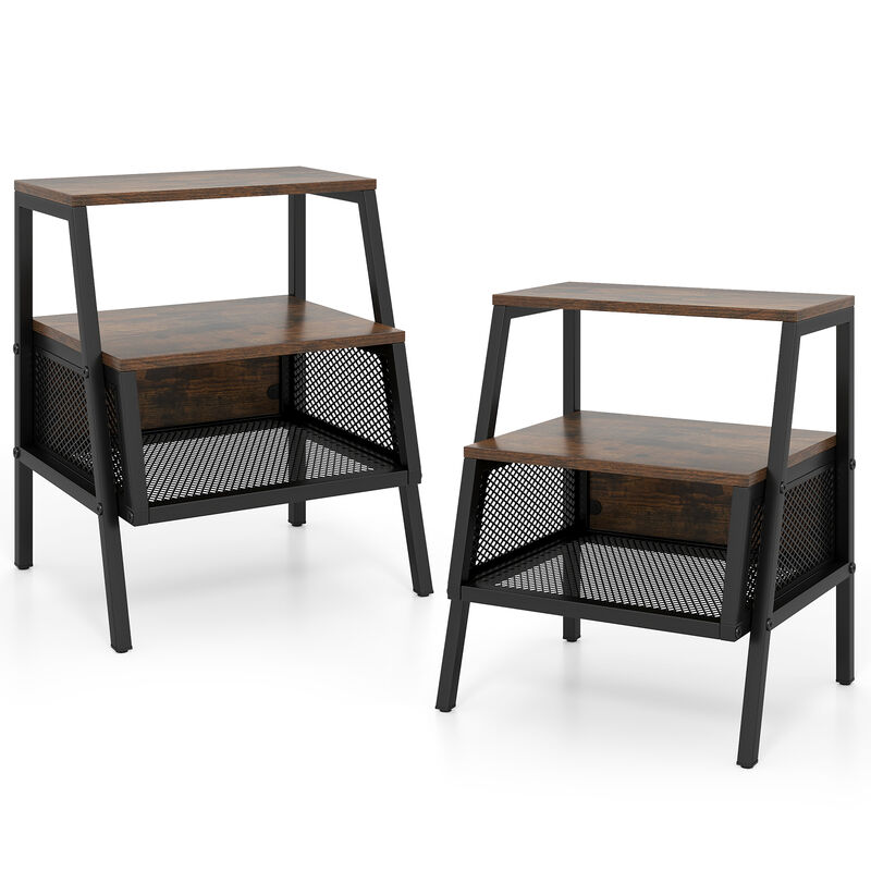 3-Tier Bedside Tables Set of 2 with Open Shelves and Metal Mesh Storage image number 0
