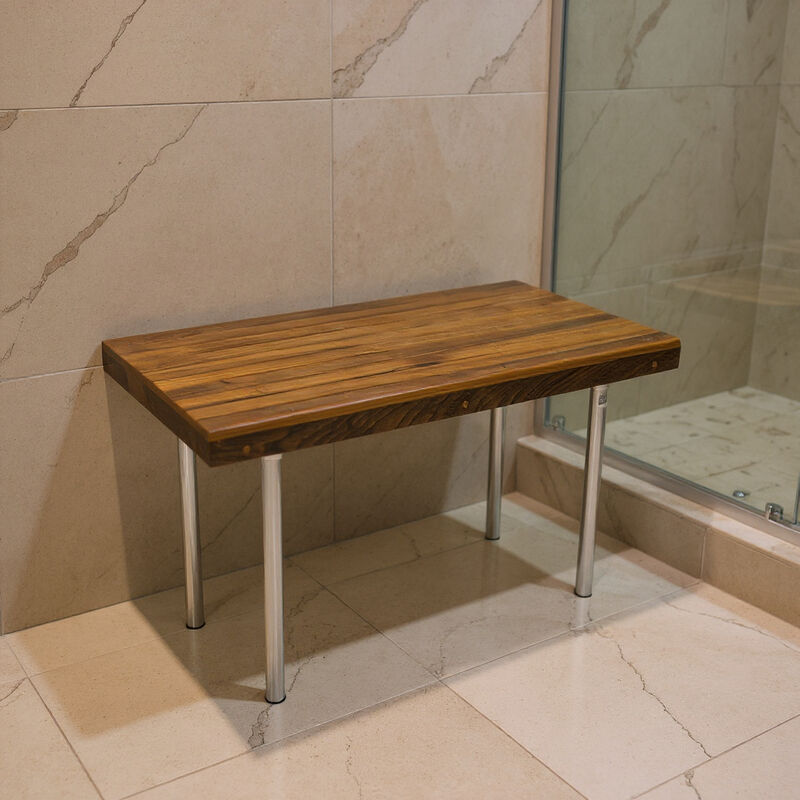 HomeRoots 18" X 25" Brown Teak And Stainless Steel Rectangular Shower Bench image number 1