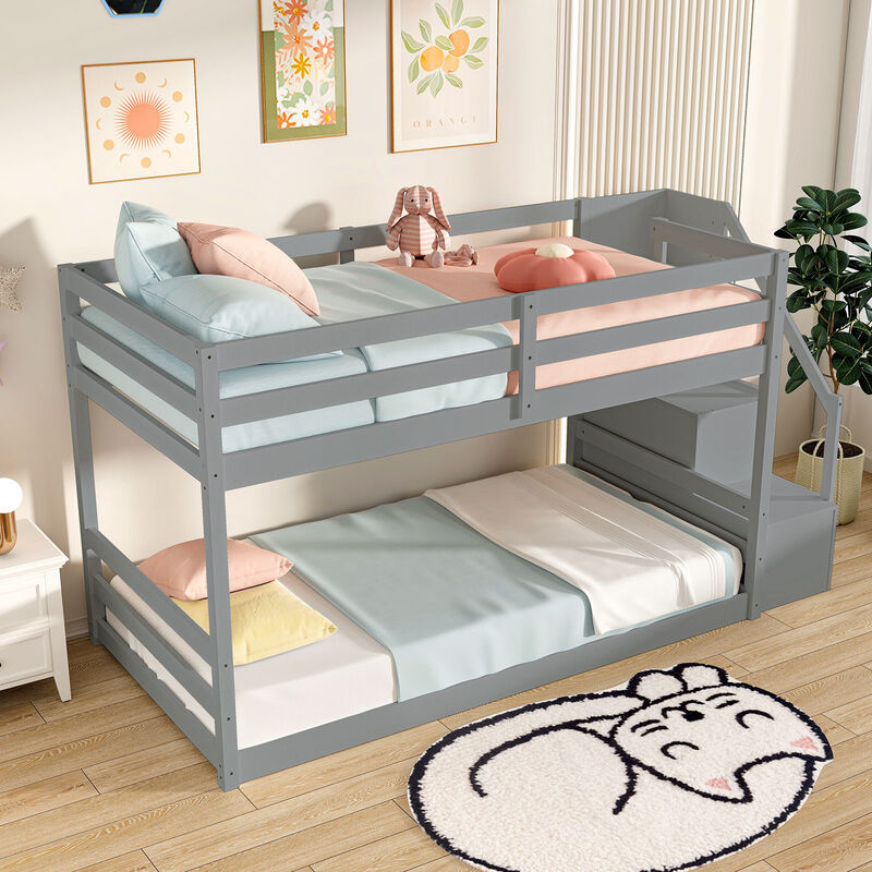 Solid Wood Twin Over Twin Low Bunk Bed with Storage Stairs image number 5