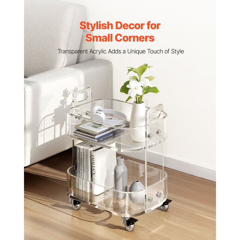 2 Tier Acrylic Rolling Cart Table with Wheels, Clear Storage Side Desk image number 5