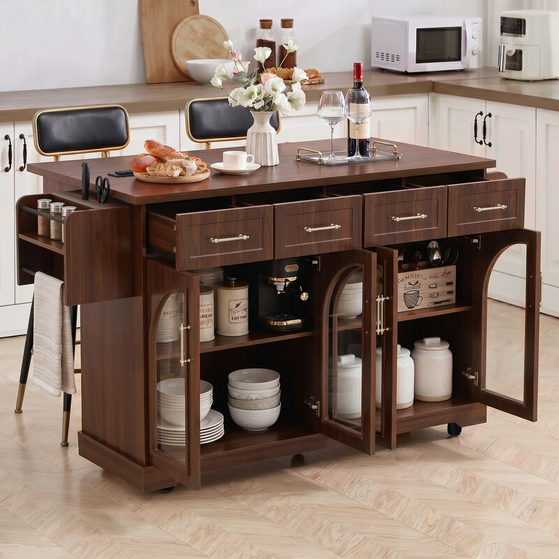 Merax Rolling Kitchen Island with Arched Tempered Glass Display Cabinets, Adjustable Shelves image number 1