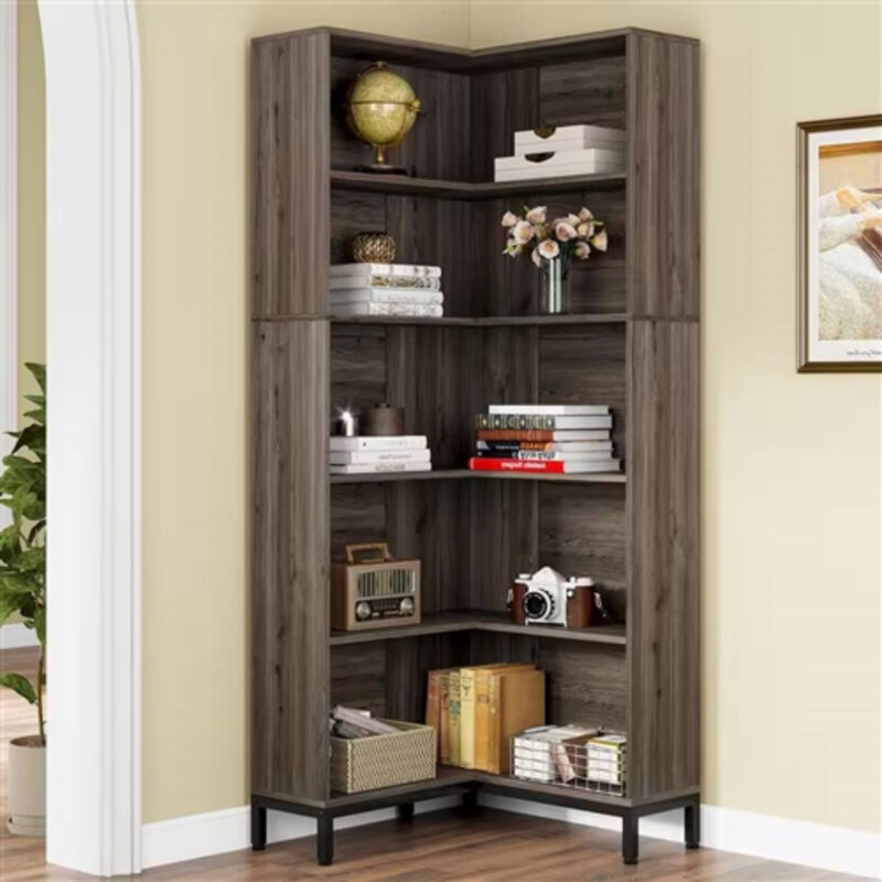 High Corner Bookcase in Wood Finish for Space-Saving Storage For Living Room