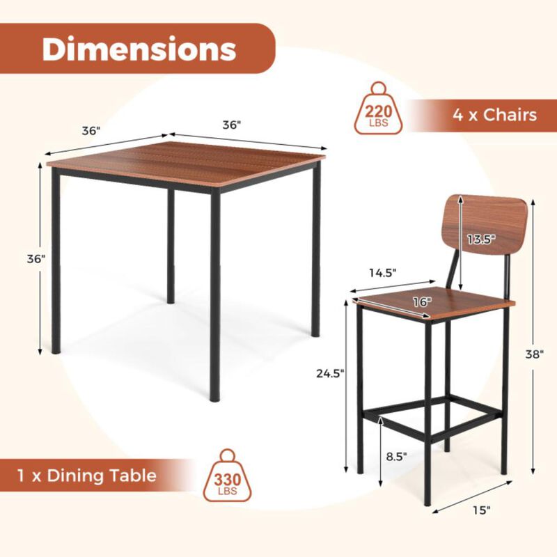 Hivvago 5 Pieces Industrial Dining Table Set with Counter Height Table and 4 Bar Stools
