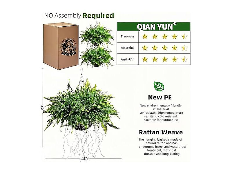 Outdoor Fake Hanging Fern Artificial Ferns 2 Pack Large Faux Boston Bushes UV image number 2
