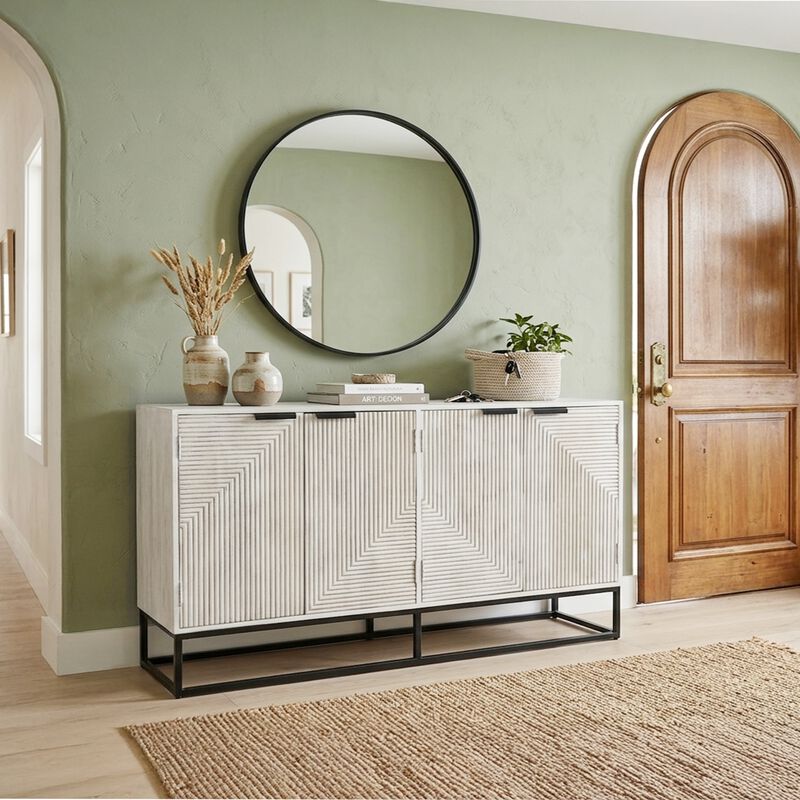 Seya 4 Door Sideboard Console, Fluted Front, Antique White Mango Wood, Black Iron Base, 60 Inch image number 1