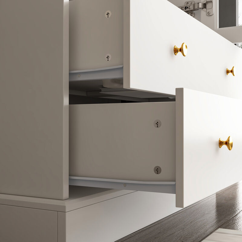 FUFU&GAGA Modern Bookcase with Glass Doors, 3 Fixed Shelves, and Spacious Drawers, Elegant Storage Cabinet for Living Room, Office, and Bedroom (70.1"H x 31.5"W x 15.4"D)