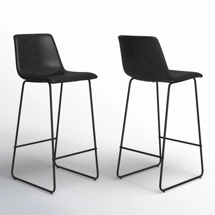 HomeRoots Set of Two 29" Black Faux Leather and Aluminum Bar Height Bar Chairs